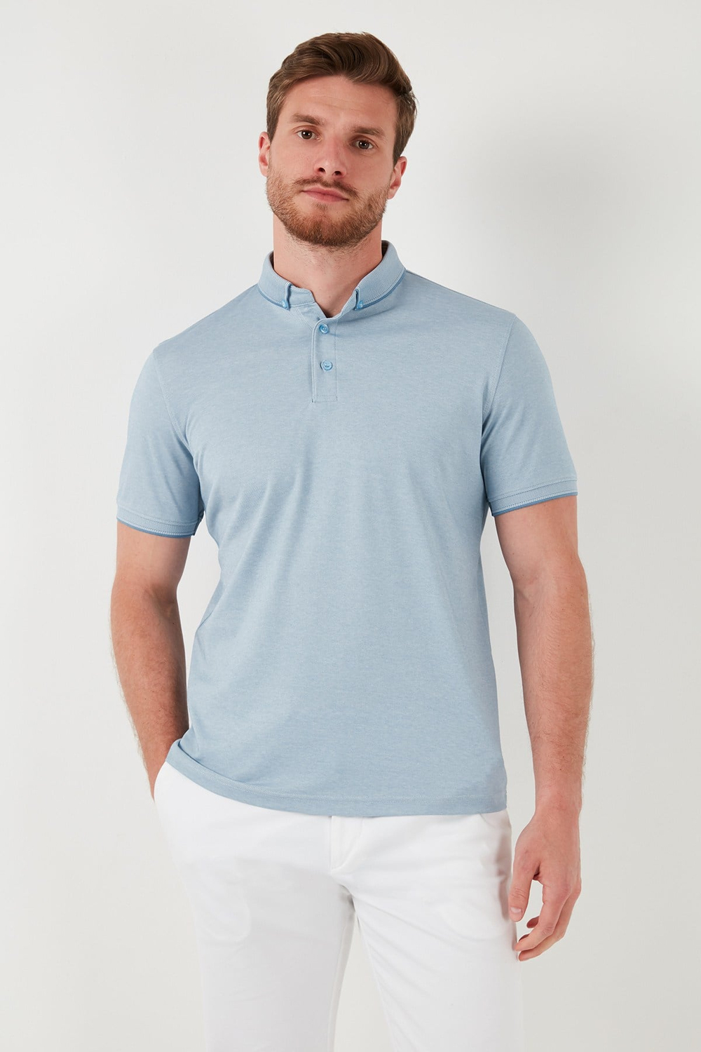 Pamuklu Slim Fit Erkek Polo Yaka T Shirt 646R1000 Açık Mavi-Beyaz