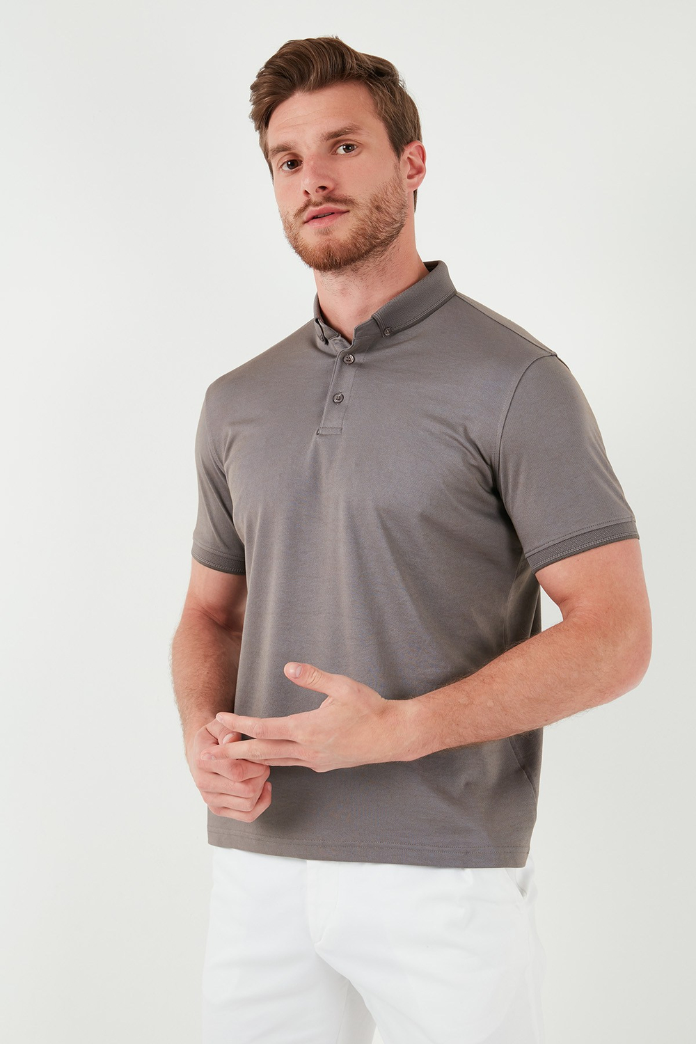 Pamuklu Slim Fit Erkek Polo Yaka T Shirt 646R1000 Vizon-Füme