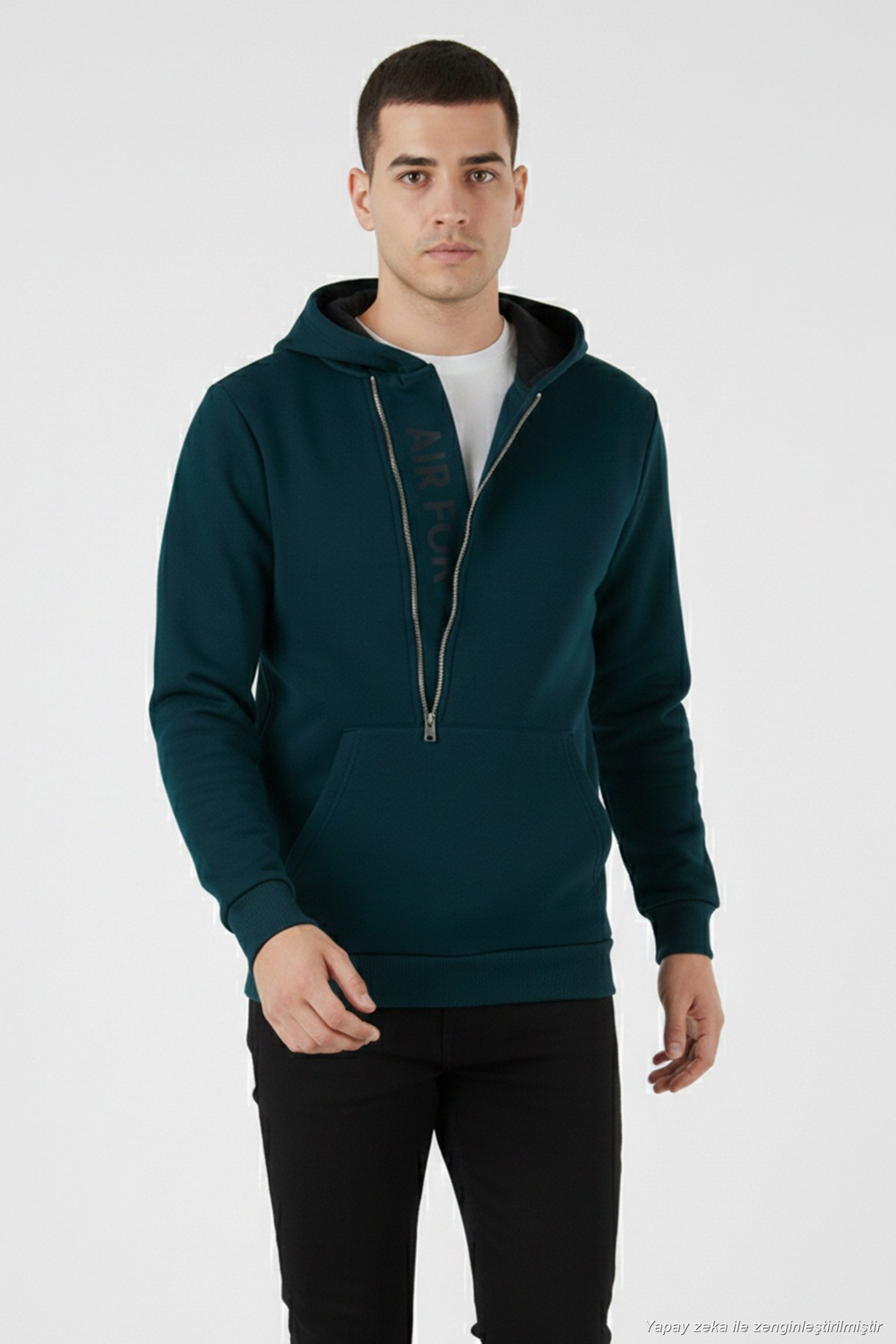 Pamuklu Slim Fit Kanguru Cepli Fermuar Detaylı Kapüşon Yaka Erkek Sweat 575707 PETROL