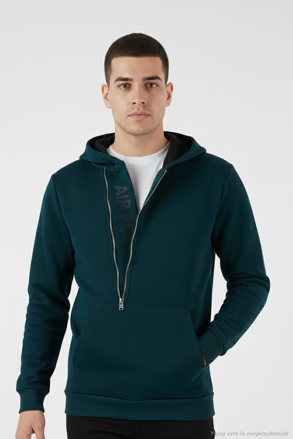 Pamuklu Slim Fit Kanguru Cepli Fermuar Detaylı Kapüşon Yaka Erkek Sweat 575707 PETROL