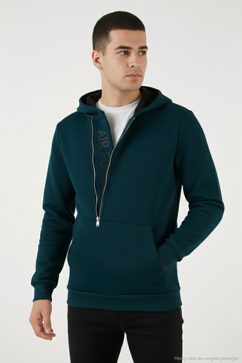 Pamuklu Slim Fit Kanguru Cepli Fermuar Detaylı Kapüşon Yaka Erkek Sweat 575707 PETROL