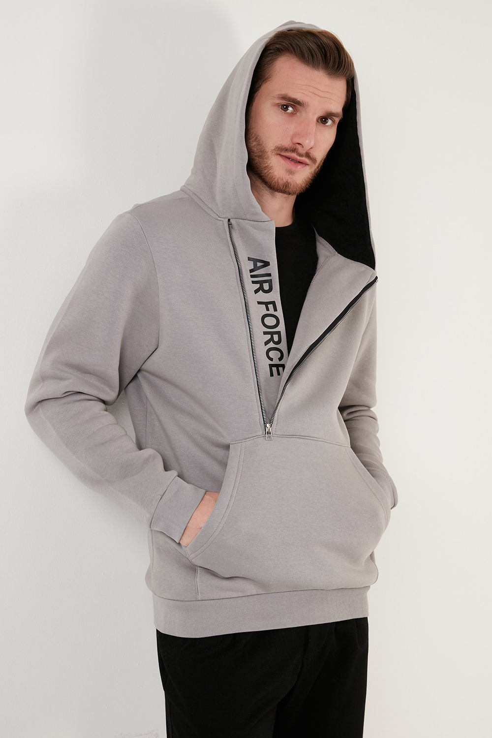 Pamuklu Slim Fit Kanguru Cepli Fermuar Detaylı Kapüşon Yaka Erkek Sweat 575707 AÇIK GRİ