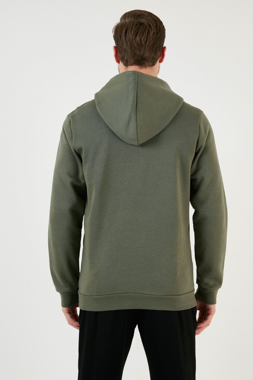 Pamuklu Slim Fit Kanguru Cepli Fermuar Detaylı Kapüşon Yaka Erkek Sweat 575707 HAKİ