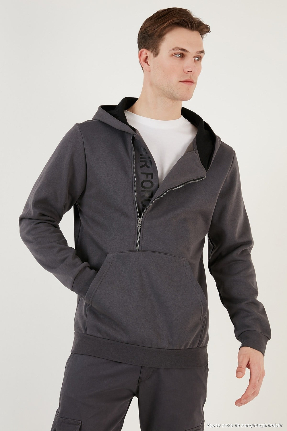 Pamuklu Slim Fit Kanguru Cepli Fermuar Detaylı Kapüşon Yaka Erkek Sweat 575707 ANTRASİT
