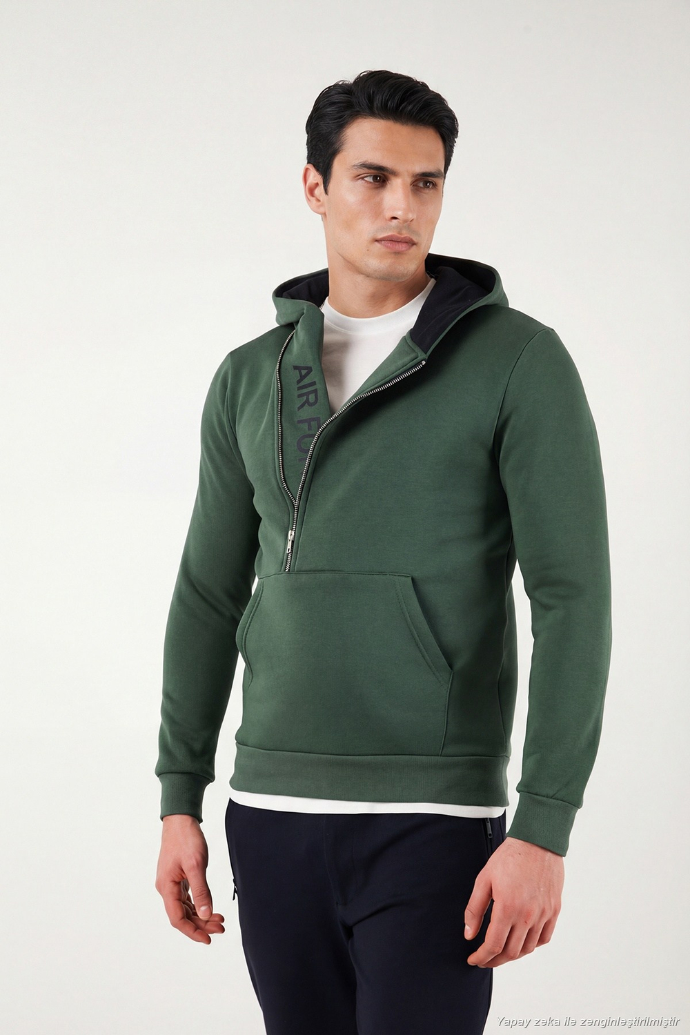 Pamuklu Slim Fit Kanguru Cepli Fermuar Detaylı Kapüşon Yaka Erkek Sweat 575707 NEFTİ