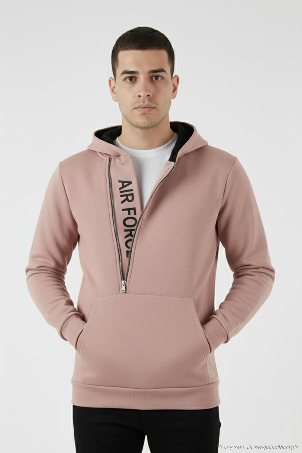 Pamuklu Slim Fit Kanguru Cepli Fermuar Detaylı Kapüşon Yaka Erkek Sweat 575707 GÜL