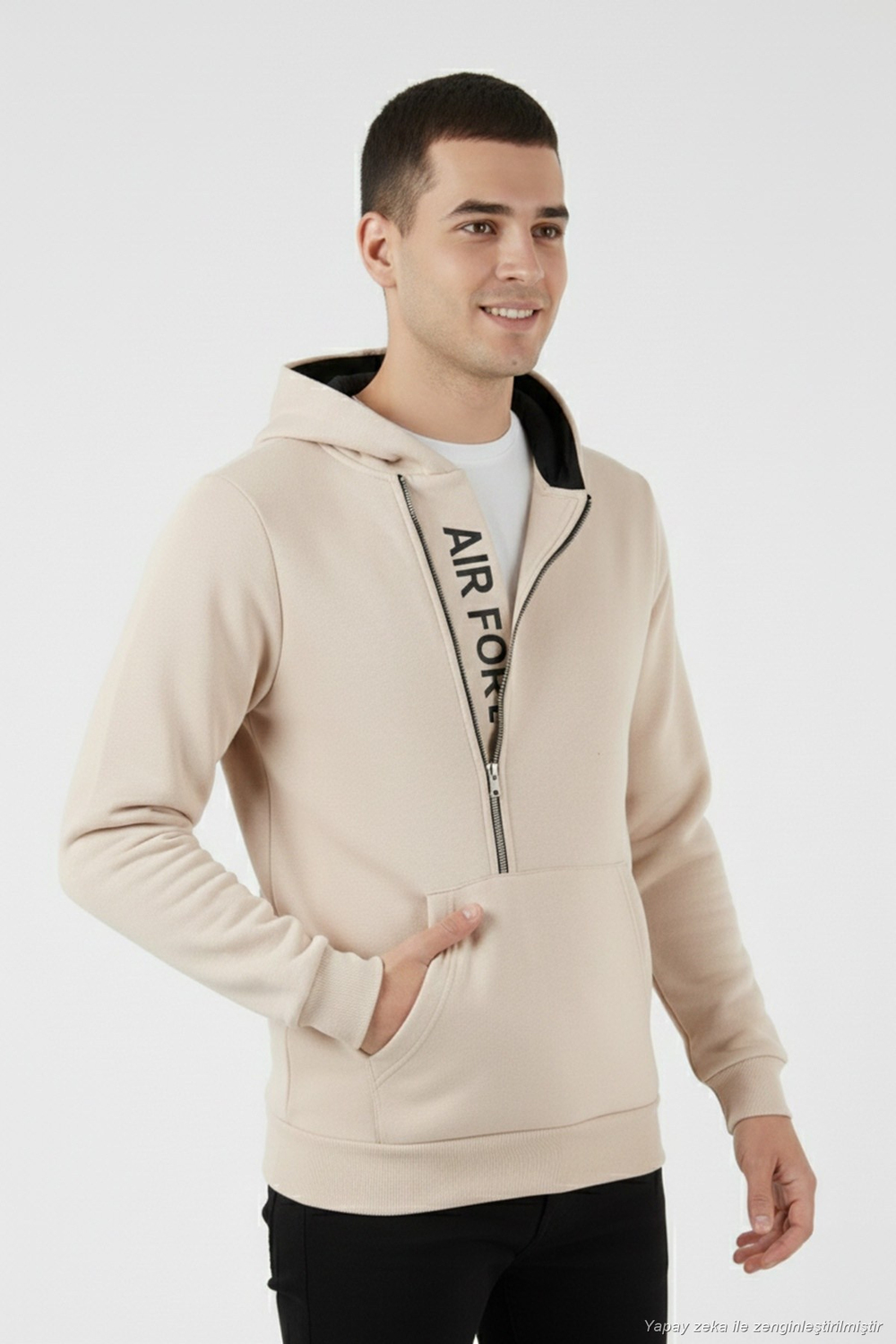 Pamuklu Slim Fit Kanguru Cepli Fermuar Detaylı Kapüşon Yaka Erkek Sweat 575707 KUM