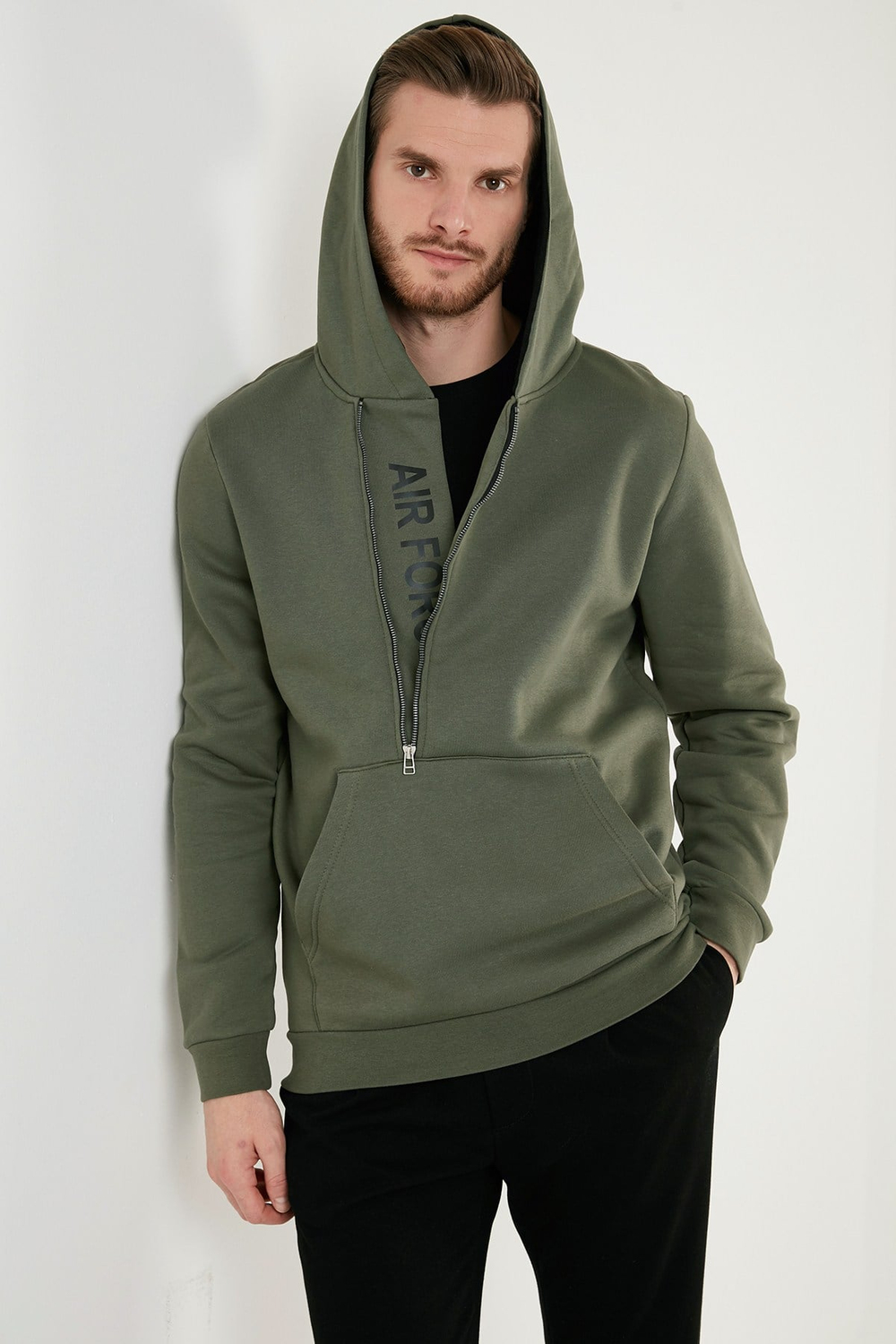 Pamuklu Slim Fit Kanguru Cepli Fermuar Detaylı Kapüşon Yaka Erkek Sweat 575707 HAKİ