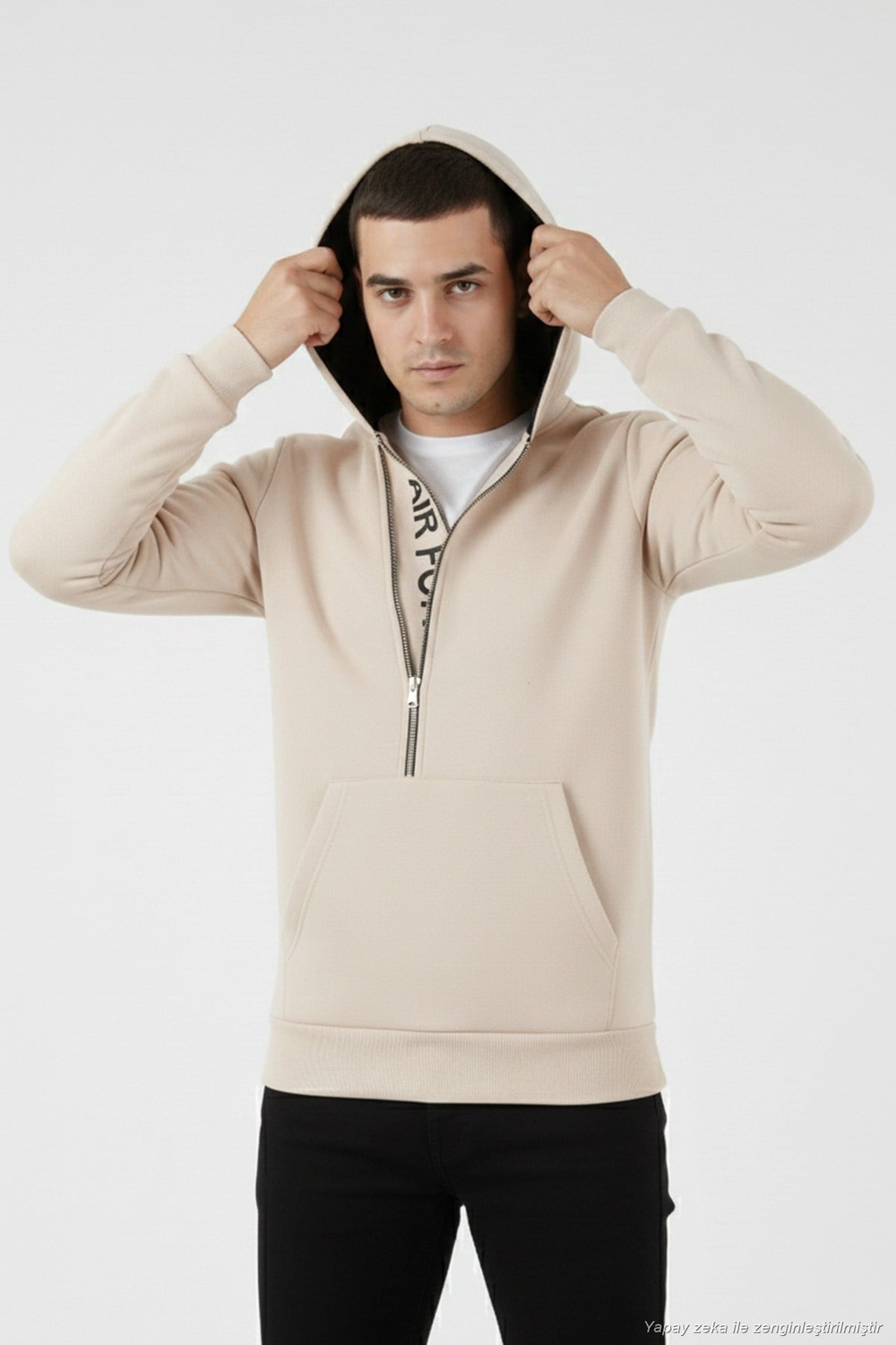 Pamuklu Slim Fit Kanguru Cepli Fermuar Detaylı Kapüşon Yaka Erkek Sweat 575707 KUM