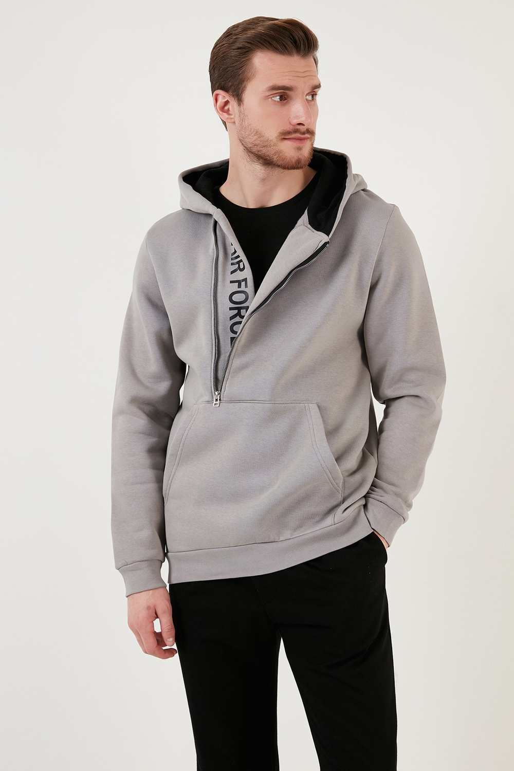 Pamuklu Slim Fit Kanguru Cepli Fermuar Detaylı Kapüşon Yaka Erkek Sweat 575707 AÇIK GRİ