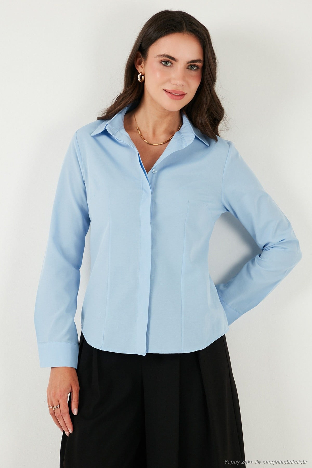 Pamuklu Slim Fit Klasik Yaka Kadın Gömlek 6777423 BEBE MAVİ