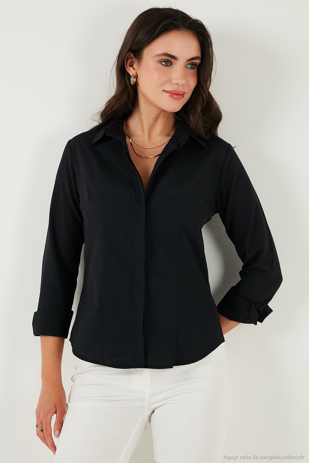 Pamuklu Slim Fit Klasik Yaka Kadın Gömlek 6777423 SİYAH
