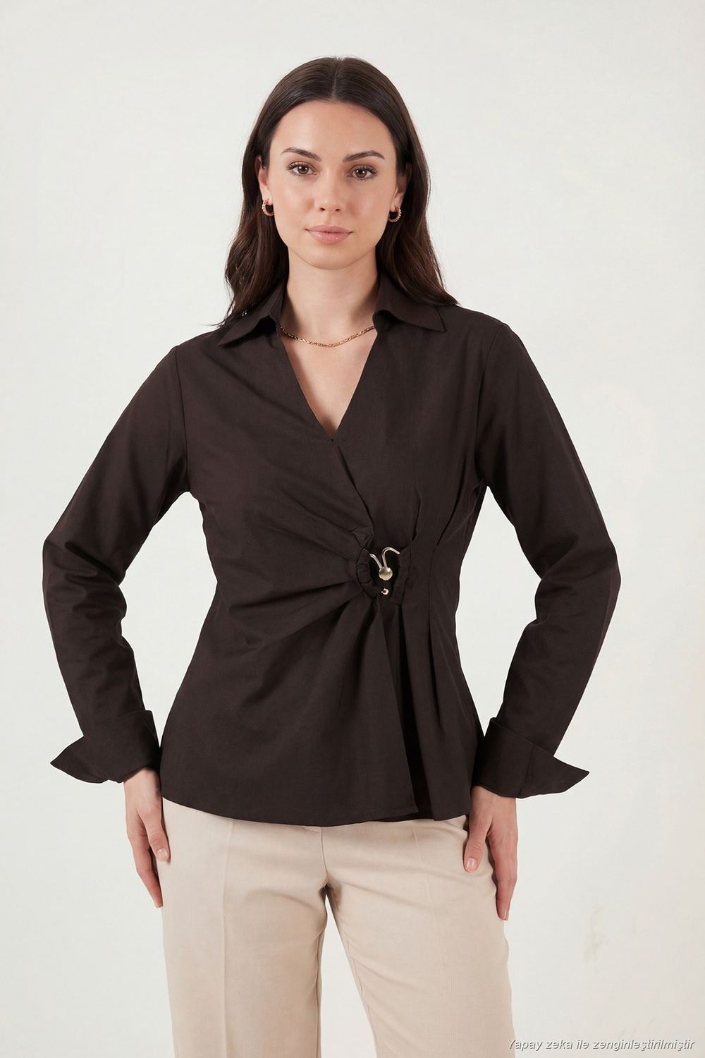 Pamuklu Slim Fit Toka Detaylı Uzun Kollu Kadın Gömlek 6778317 KAHVE