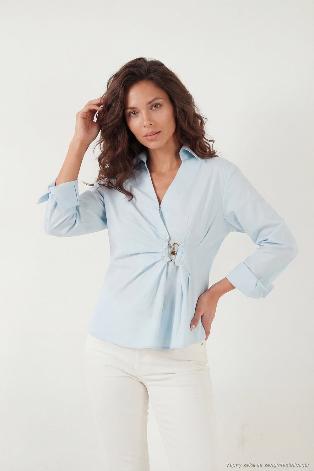 Pamuklu Slim Fit Toka Detaylı Uzun Kollu Kadın Gömlek 6778317 BEBE MAVİ