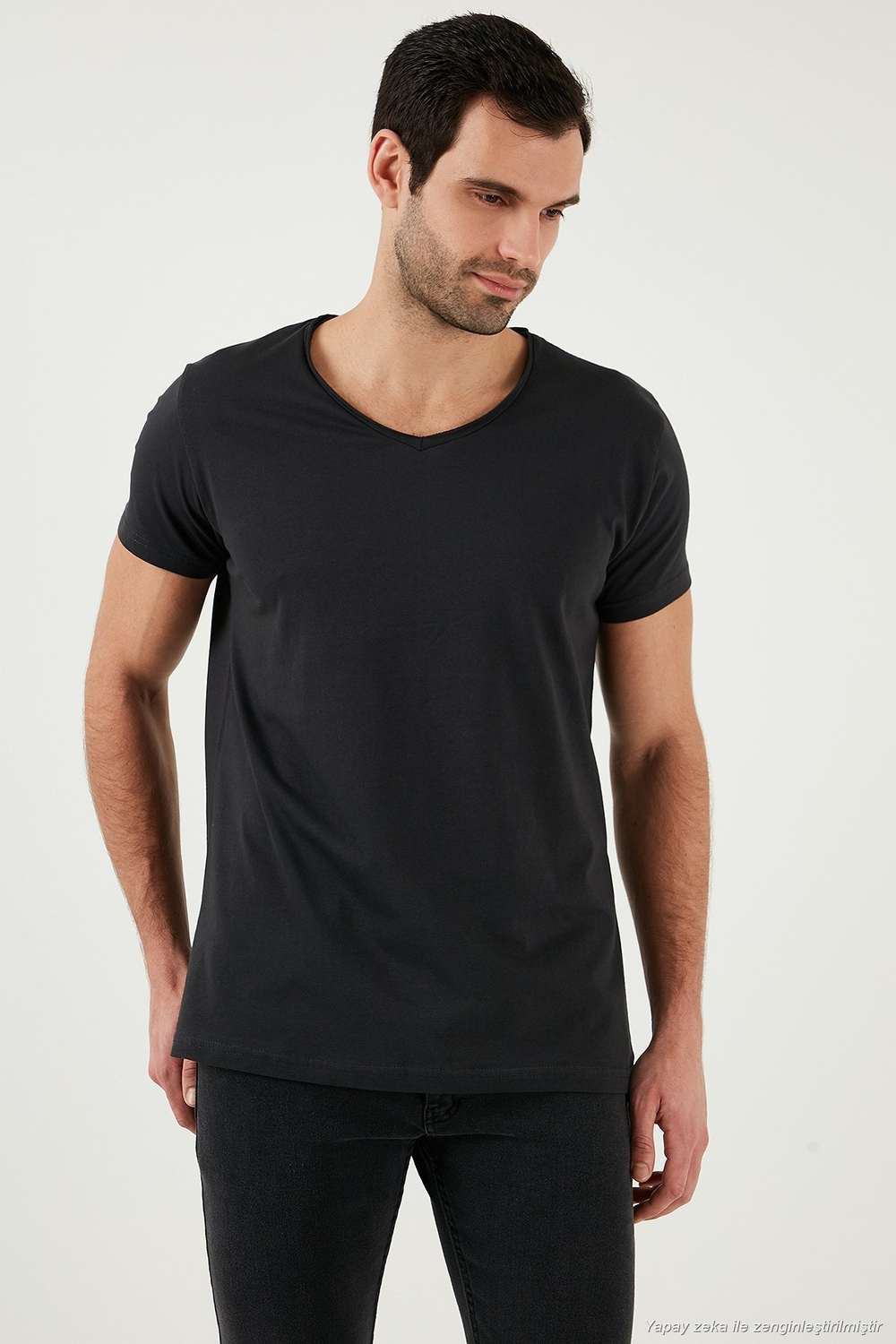 Pamuklu Slim Fit V Yaka Basic Erkek T Shirt 5412001 FÜME