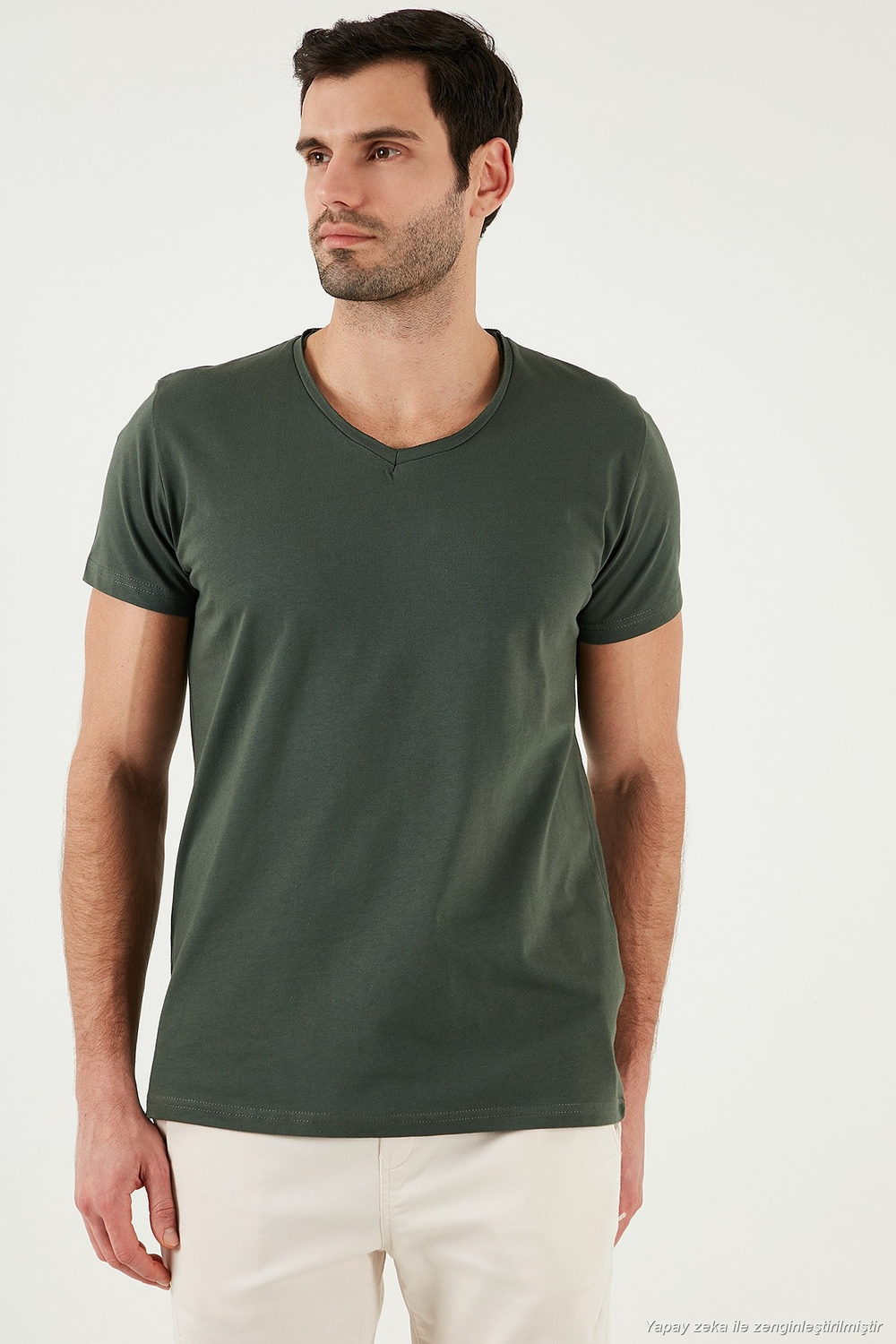 Pamuklu Slim Fit V Yaka Basic Erkek T Shirt 5412001 HAKİ