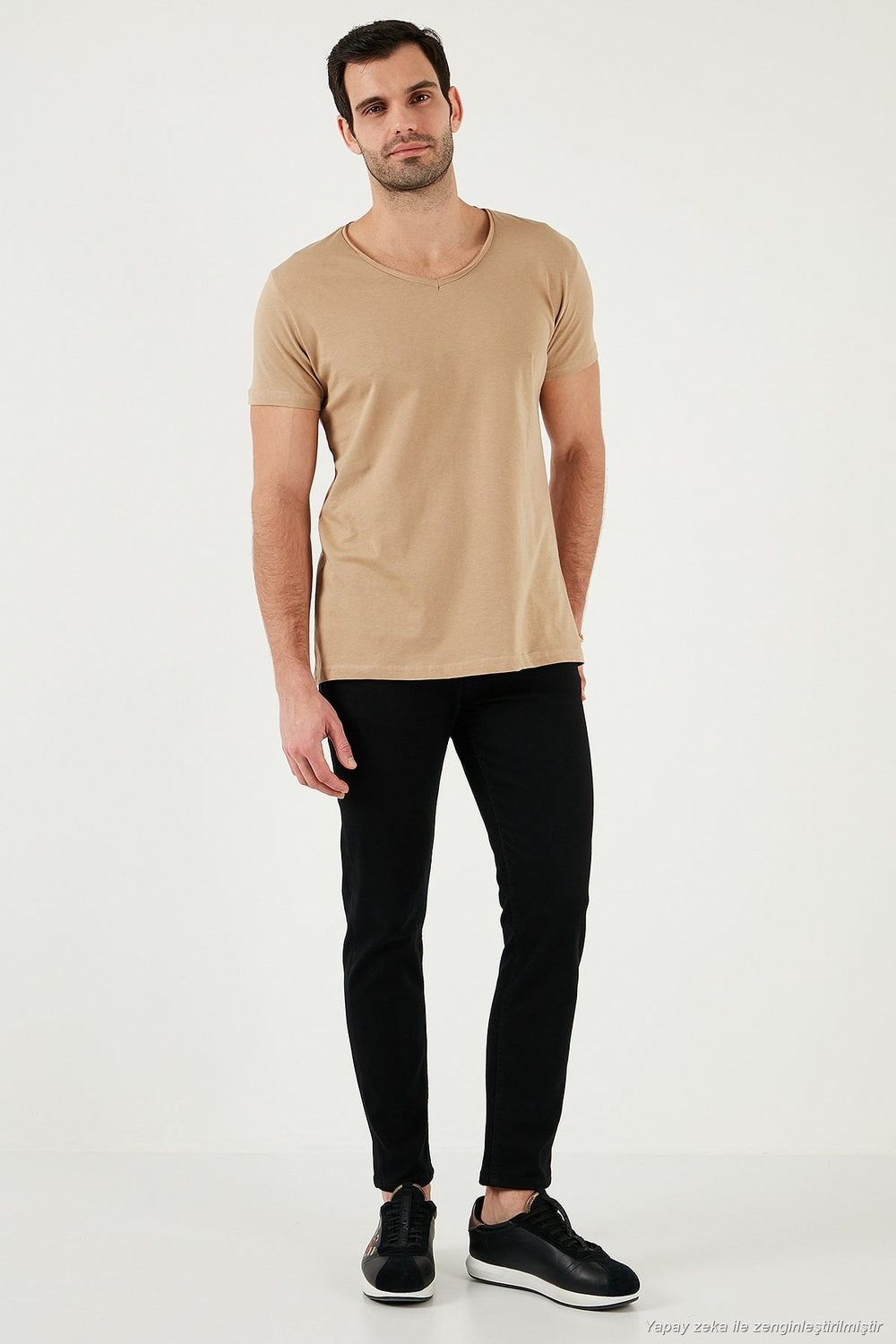 Pamuklu Slim Fit V Yaka Basic Erkek T Shirt 5412001 VİZON