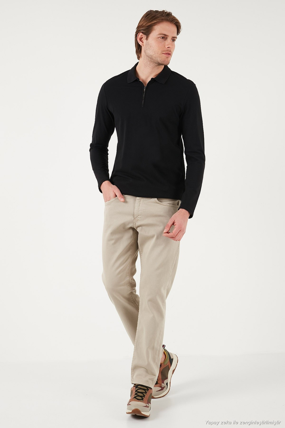 Pamuklu Slim Fit Yarım Fermuarlı Polo Yaka Erkek Sweat 5903010 SİYAH