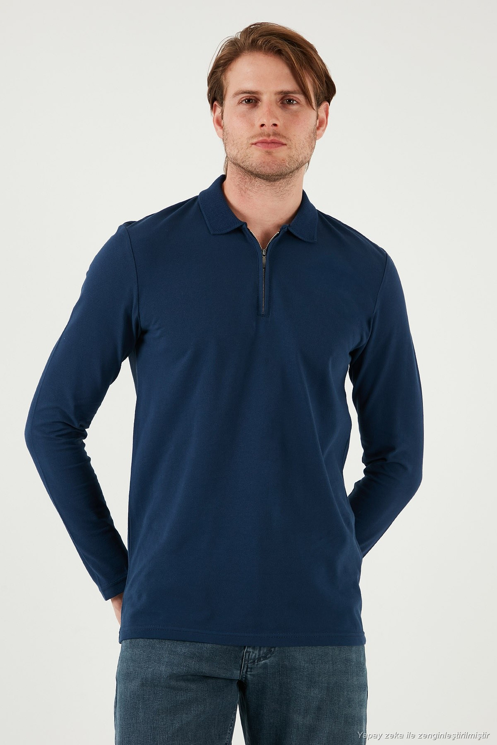 Pamuklu Slim Fit Yarım Fermuarlı Polo Yaka Erkek Sweat 5903010 İNDİGO
