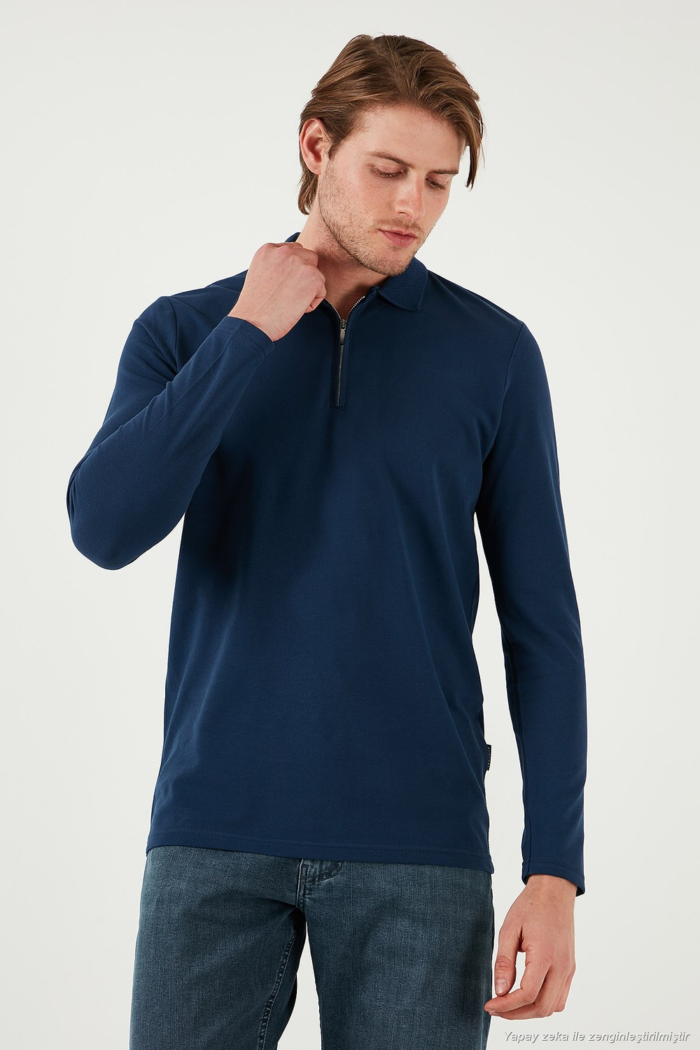Pamuklu Slim Fit Yarım Fermuarlı Polo Yaka Erkek Sweat 5903010 İNDİGO