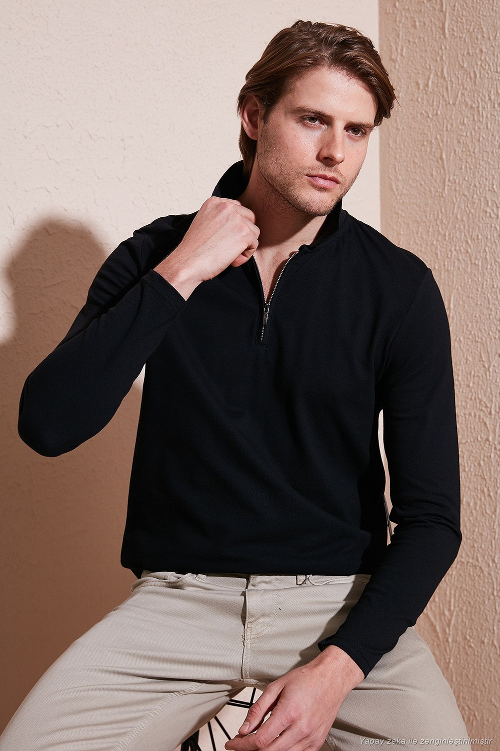 Pamuklu Slim Fit Yarım Fermuarlı Polo Yaka Erkek Sweat 5903010 SİYAH