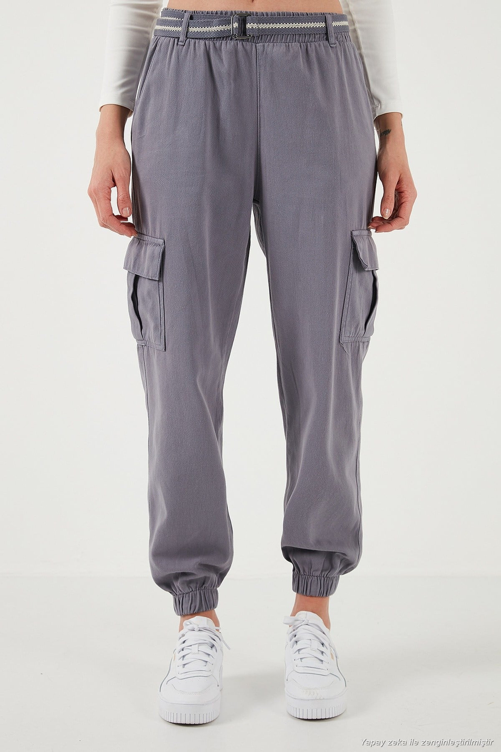 Pamuklu Standart Fit Normal Bel Lastikli Paça Kemerli Jogger Kadın Pantolon 668YP5045 GRİ