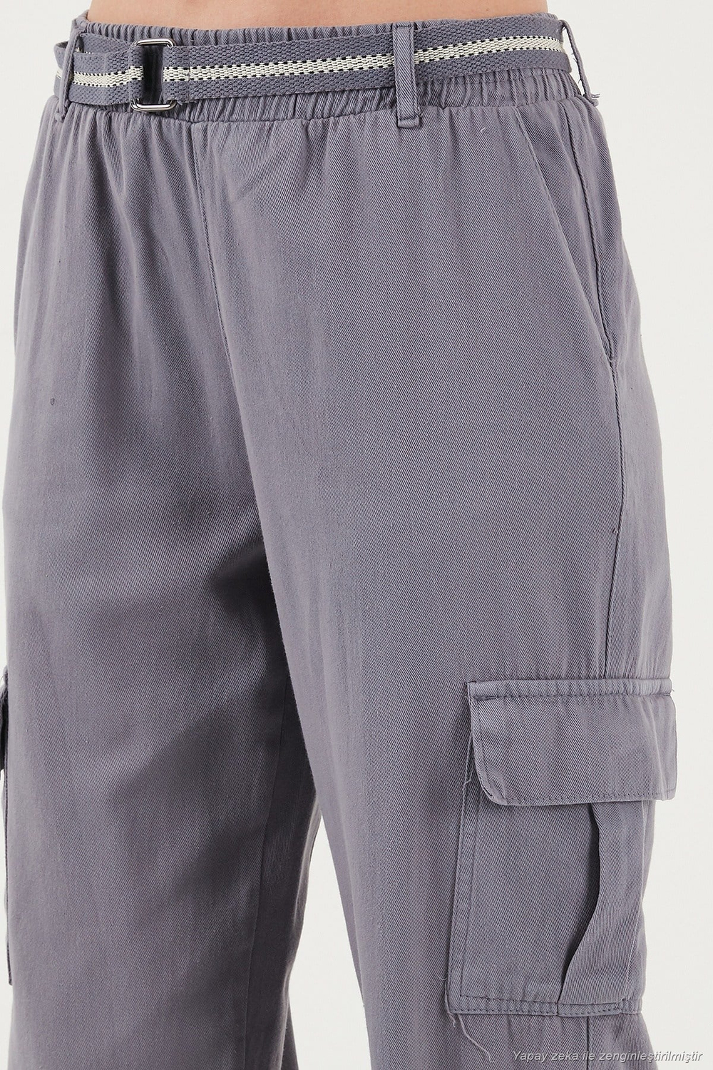 Pamuklu Standart Fit Normal Bel Lastikli Paça Kemerli Jogger Kadın Pantolon 668YP5045 GRİ