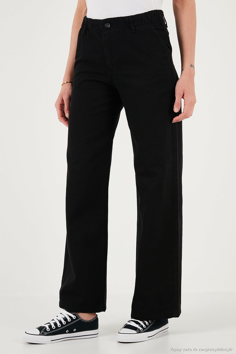 Pamuklu Standart Fit Yüksek Bel Geniş Paça Kadın Pantolon 668YP5344 SİYAH
