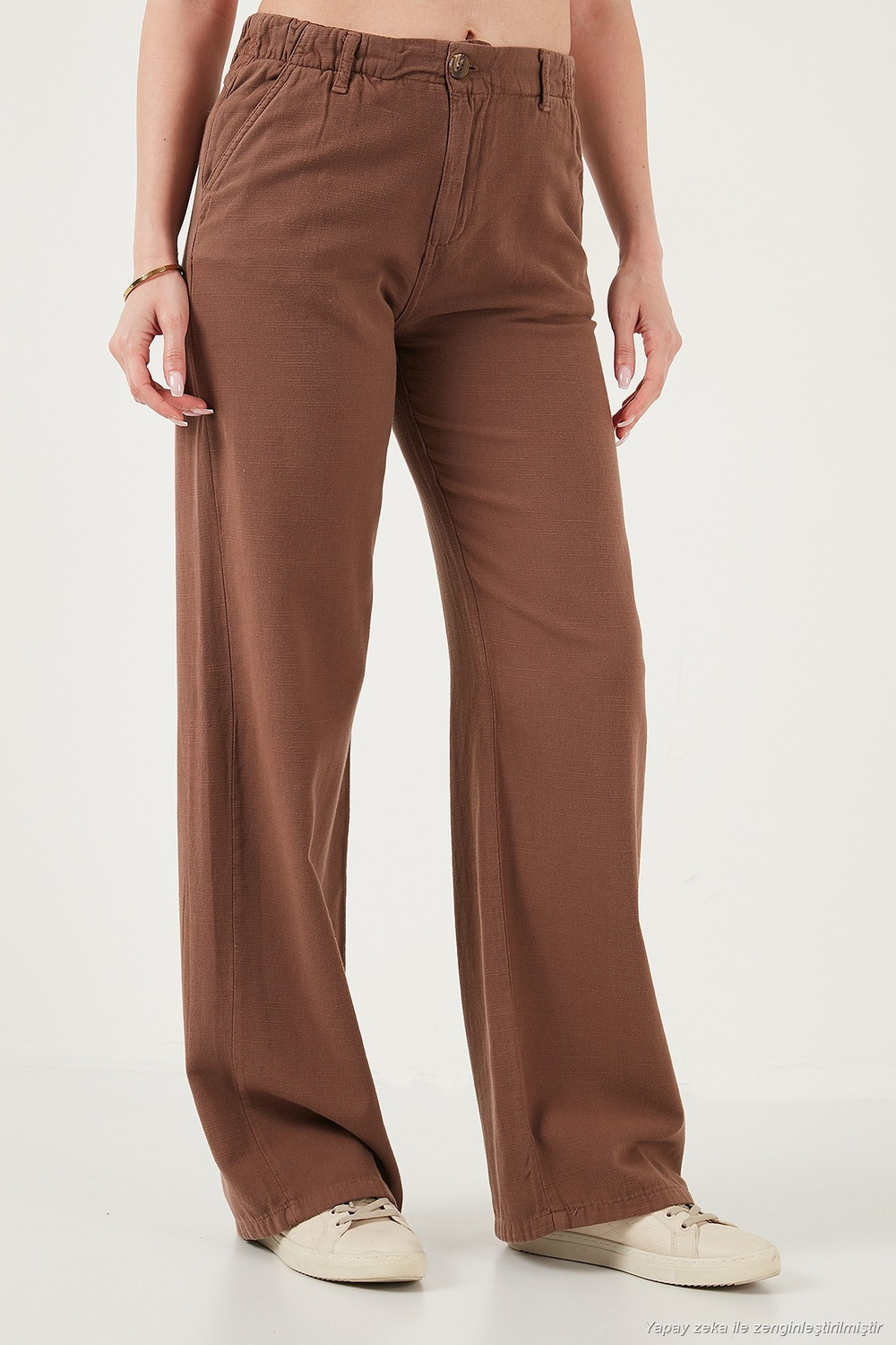 Pamuklu Standart Fit Yüksek Bel Geniş Paça Kadın Pantolon 668YP5193 KAHVE