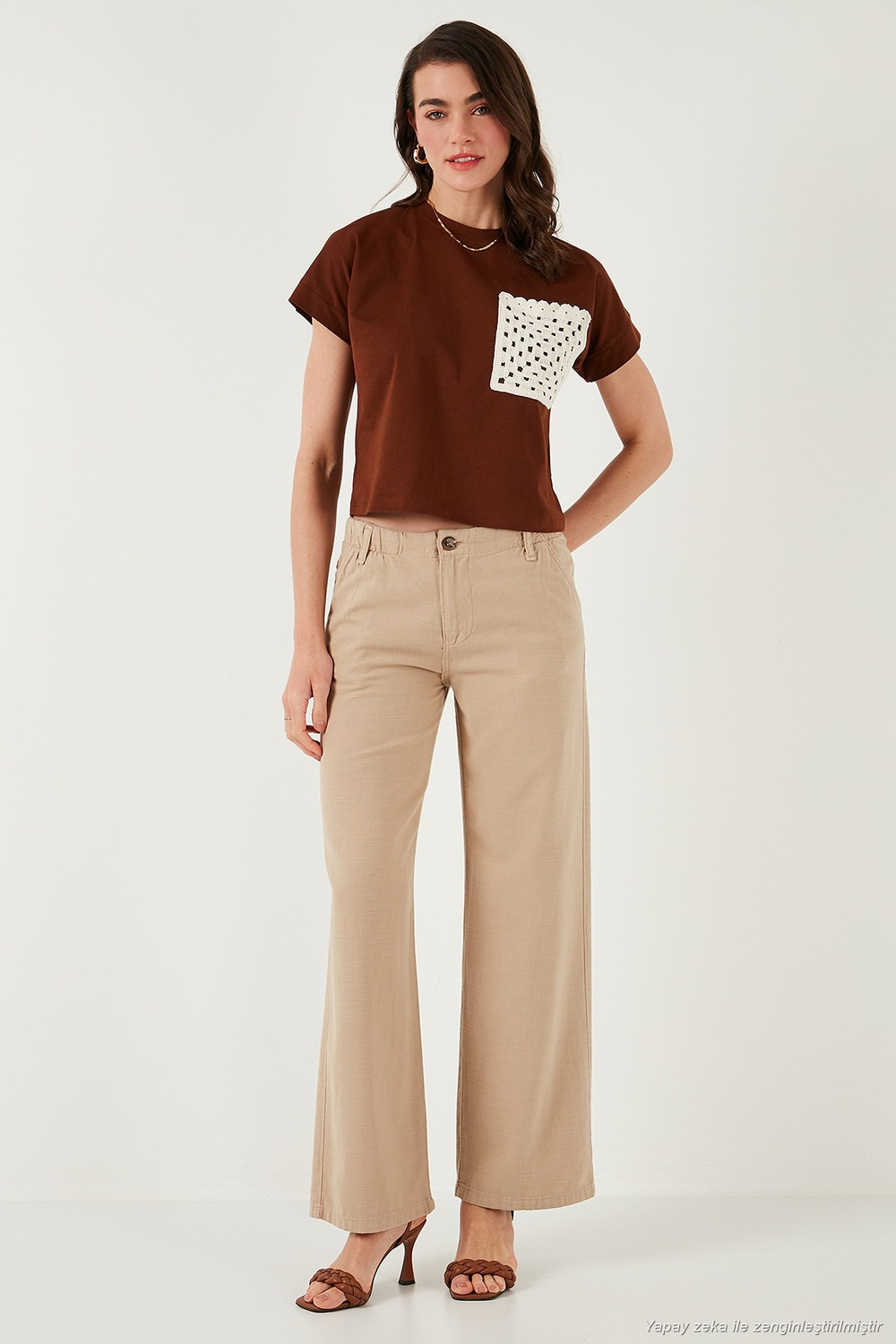 Pamuklu Standart Fit Yüksek Bel Geniş Paça Kadın Pantolon 668YP5193 CAMEL