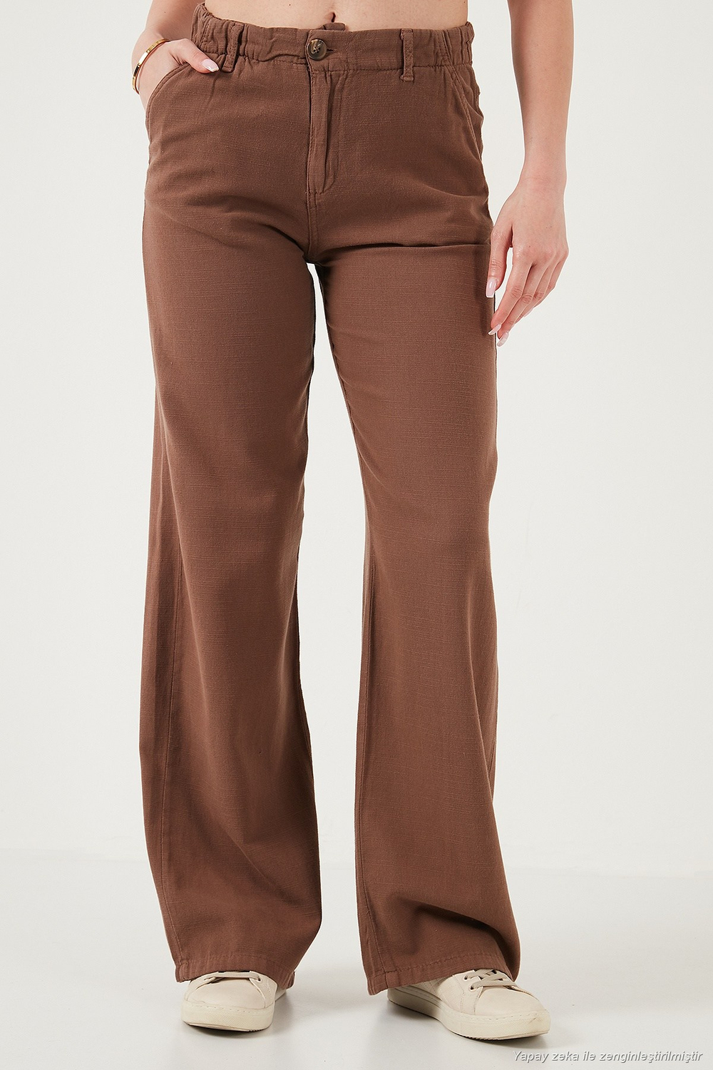 Pamuklu Standart Fit Yüksek Bel Geniş Paça Kadın Pantolon 668YP5193 KAHVE