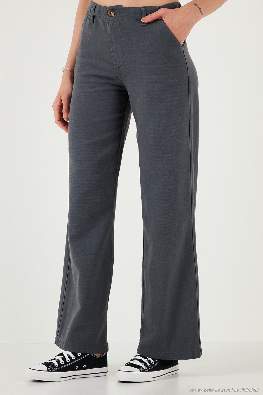 Pamuklu Standart Fit Yüksek Bel Geniş Paça Kadın Pantolon 668YP5193 ANTRASİT