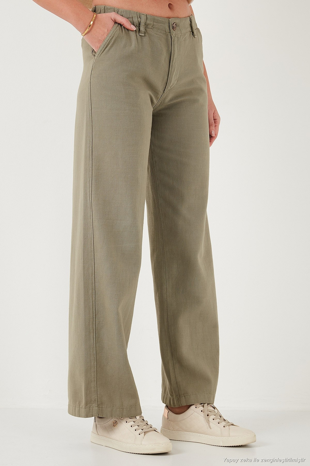 Pamuklu Standart Fit Yüksek Bel Geniş Paça Kadın Pantolon 668YP5193 HAKİ