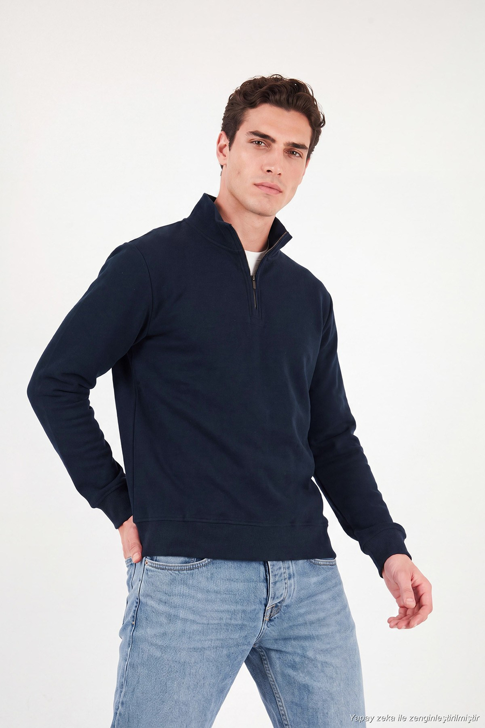 Pamuklu Yarım Fermuarlı Dik Yaka Erkek Kazak 5905882 LACİVERT
