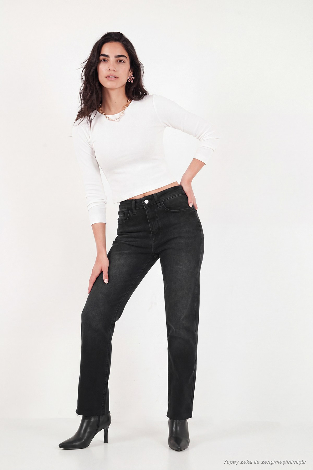 Pamuklu Yüksek Bel Düz Paça Jeans Kadın Kot Pantolon 7031007 SİYAH