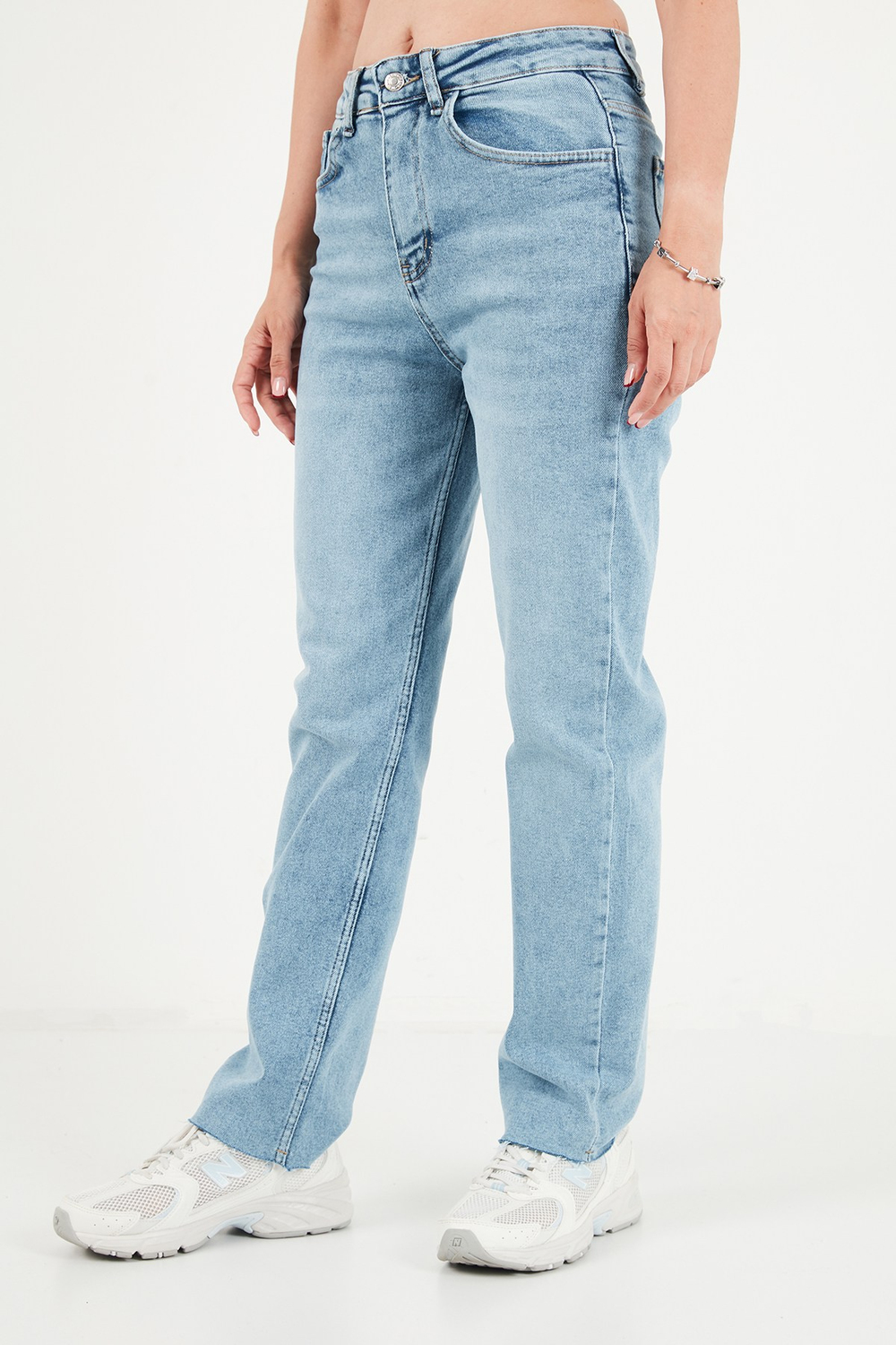 Pamuklu Yüksek Bel Düz Paça Jeans Kadın Kot Pantolon 7031007 MAVİ