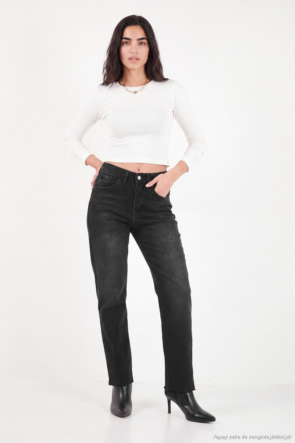 Pamuklu Yüksek Bel Düz Paça Jeans Kadın Kot Pantolon 7031007 SİYAH