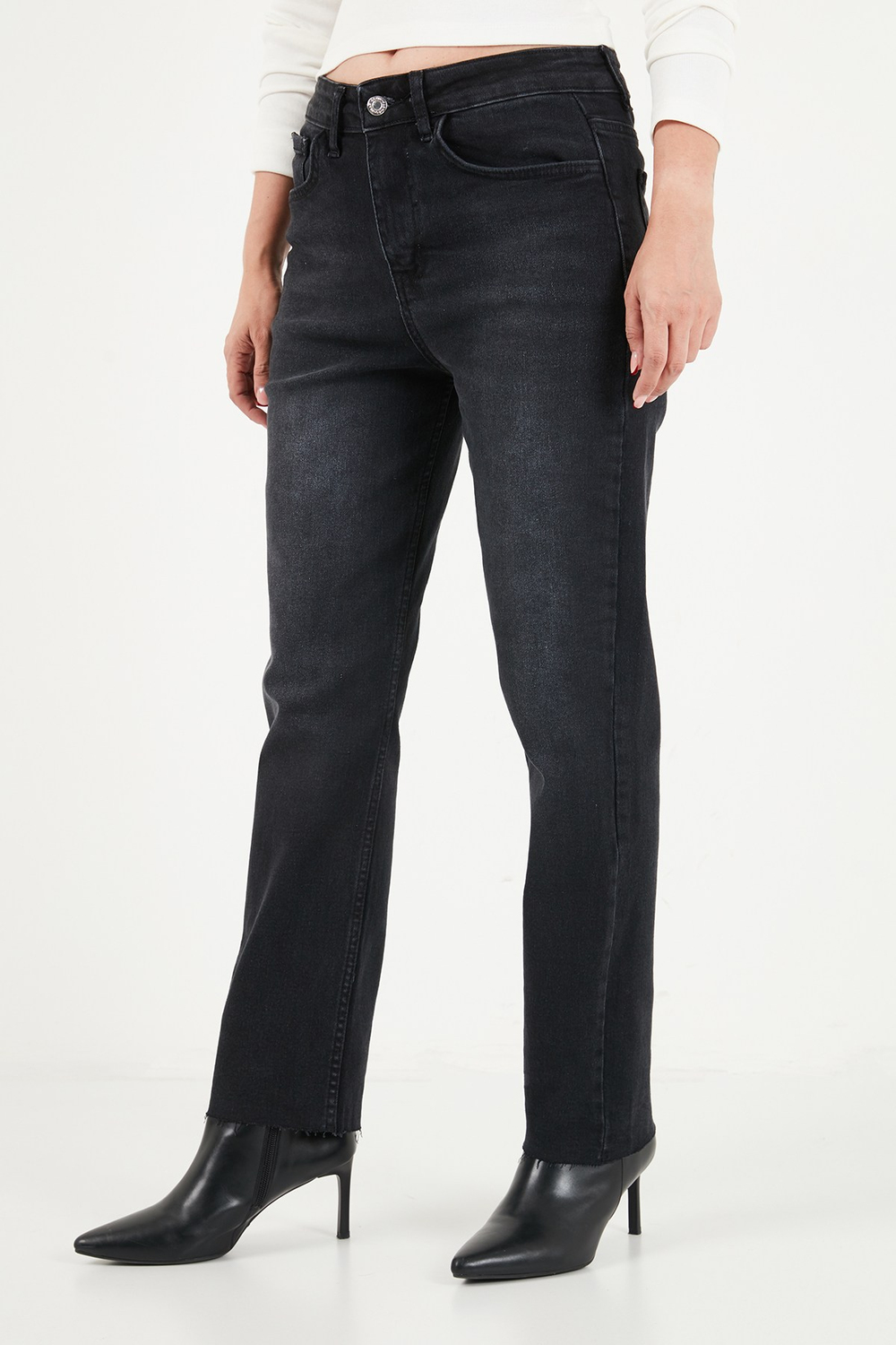 Pamuklu Yüksek Bel Düz Paça Jeans Kadın Kot Pantolon 7031007 SİYAH