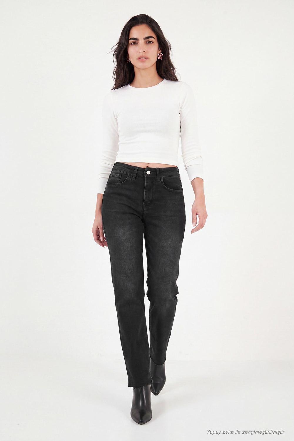 Pamuklu Yüksek Bel Düz Paça Jeans Kadın Kot Pantolon 7031007 SİYAH