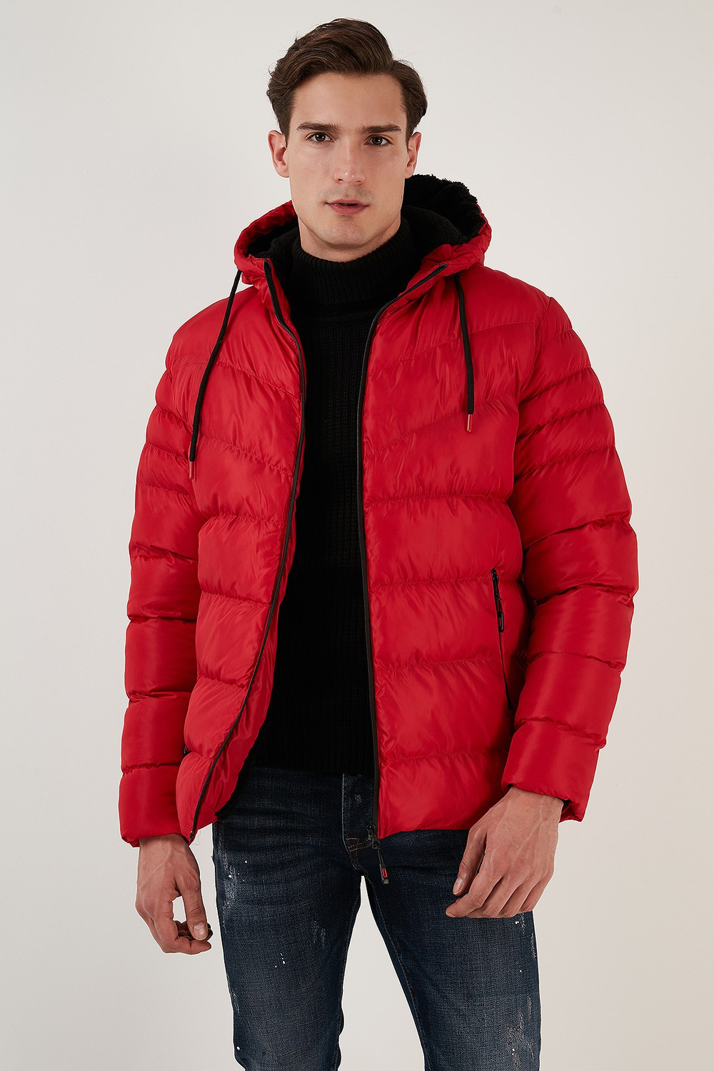 Peluş Astarlı Kapüşonlu Fermuarlı Slim Fit Şişme Erkek Mont 5762010 KIRMIZI