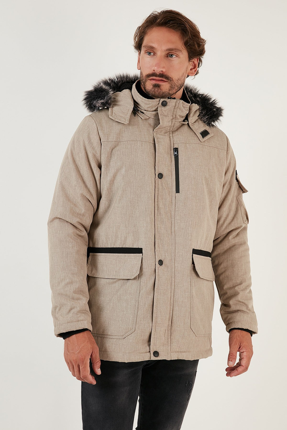 Peluş Astarlı Suya ve Rüzgara Dayanıklı Soğuk Geçirmez Slim Fit Erkek Mont 5711051 TAŞ