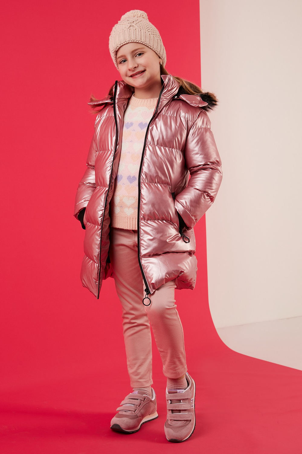 Peluş Astarlı Yakası Suni Kürklü Çıkarılabilir Kapüşonlu Kışlık Kız Çocuk Mont 5761908 PEMBE