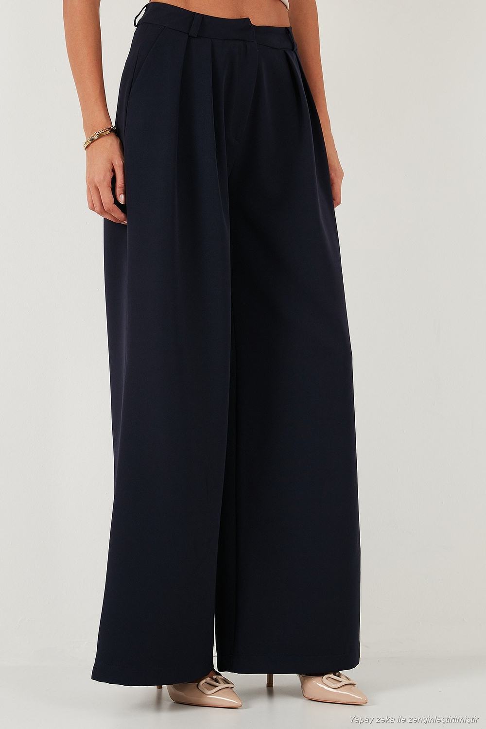 Pile Detaylı Wide Leg Yüksek Bel Geniş Paça Kadın Pantolon 6522016 LACİVERT