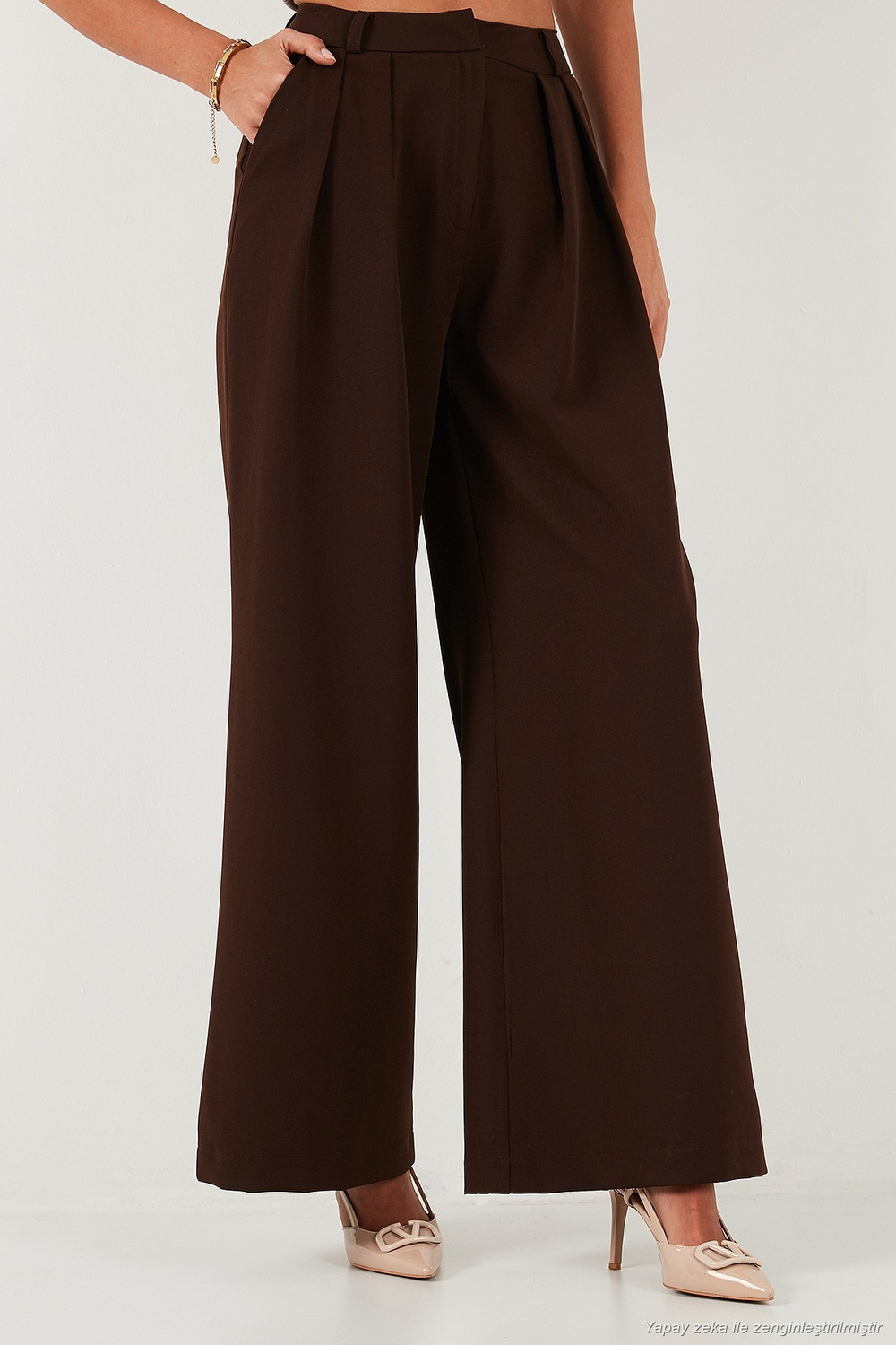 Pile Detaylı Wide Leg Yüksek Bel Geniş Paça Kadın Pantolon 6522016 KAHVE