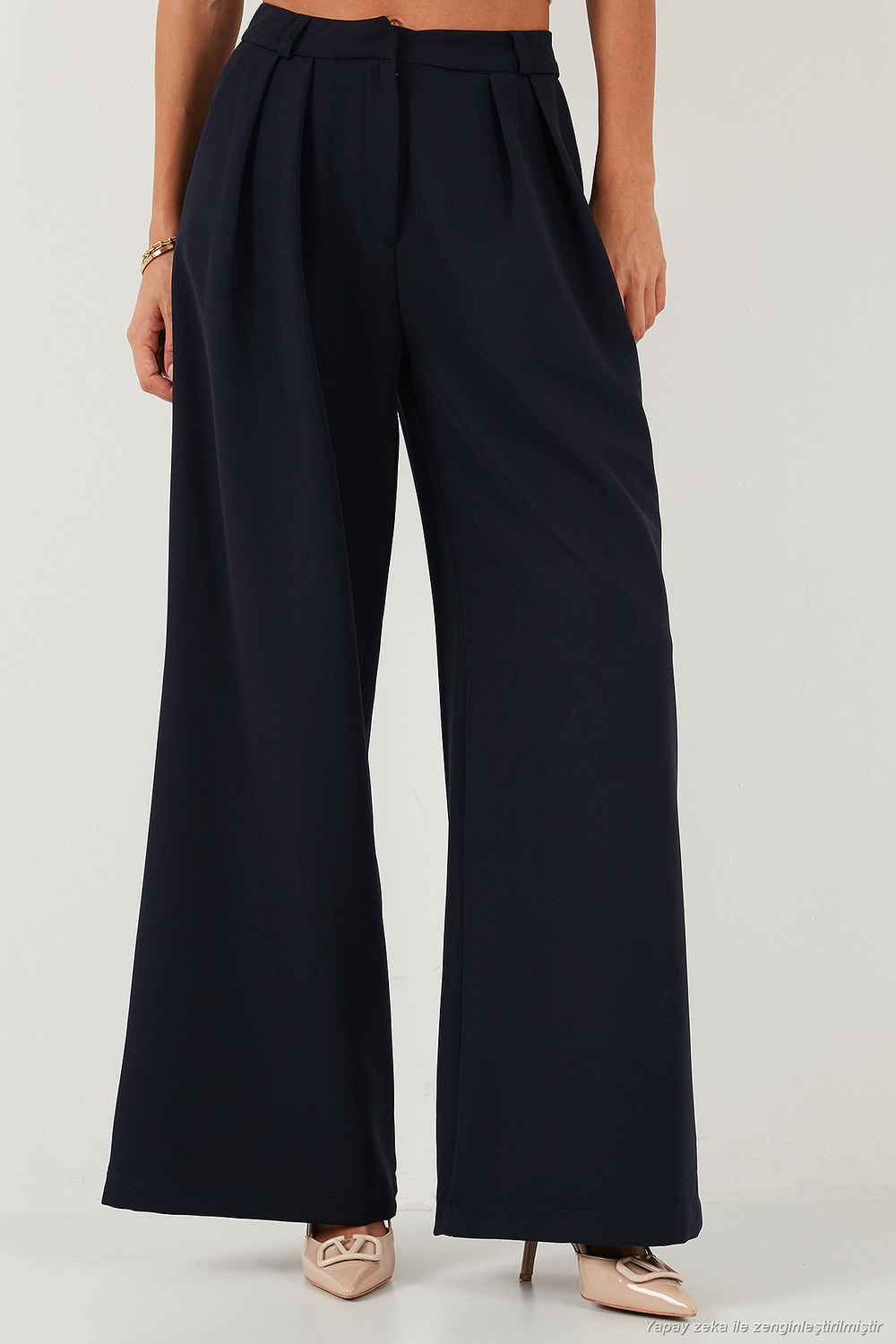 Pile Detaylı Wide Leg Yüksek Bel Geniş Paça Kadın Pantolon 6522016 LACİVERT