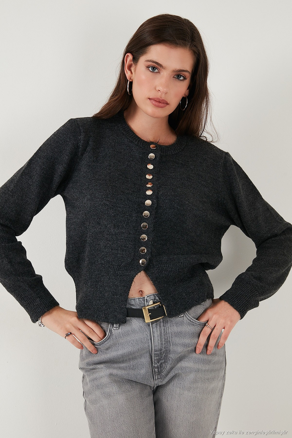 Premium Comfort Fit Yuvarlak Yaka Crop Triko Kadın Hırka 680HI00164 ANTRASİT