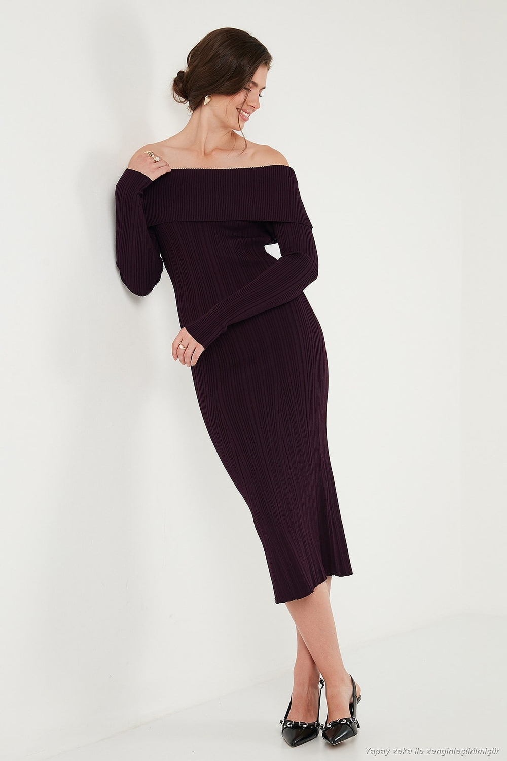 Premium Fitilli Carmen Yaka Slim Fit Midi Boy Triko Kadın Elbise 680EL00033 MÜRDÜM