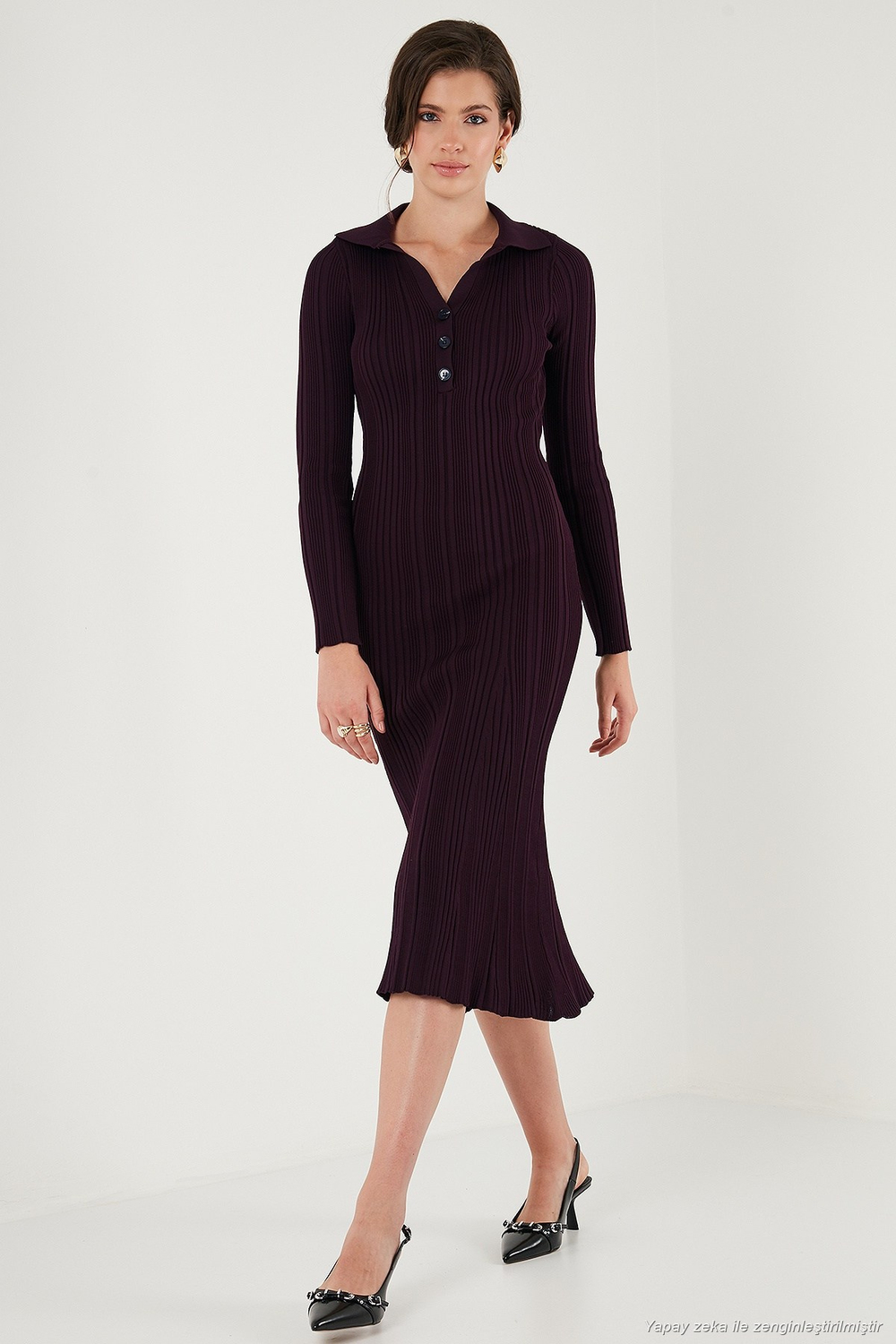 Premium Fitilli V Yaka Slim Fit Midi Boy Triko Kadın Elbise 680EL00282 MÜRDÜM