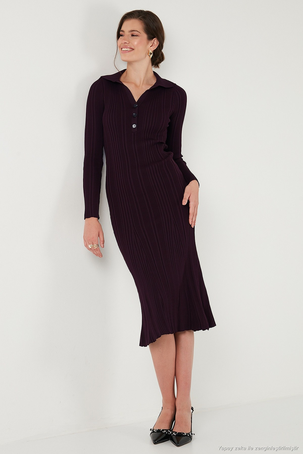 Premium Fitilli V Yaka Slim Fit Midi Boy Triko Kadın Elbise 680EL00282 MÜRDÜM