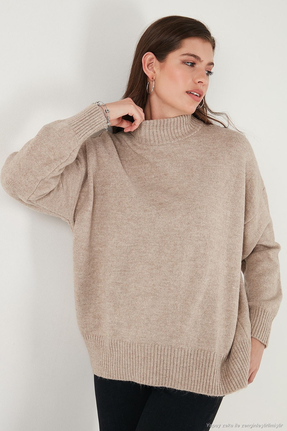 Premium Oversize Fit Balıkçı Yaka Yumuşak Dokulu Triko Kadın Kazak 680KZ00469 VİZON